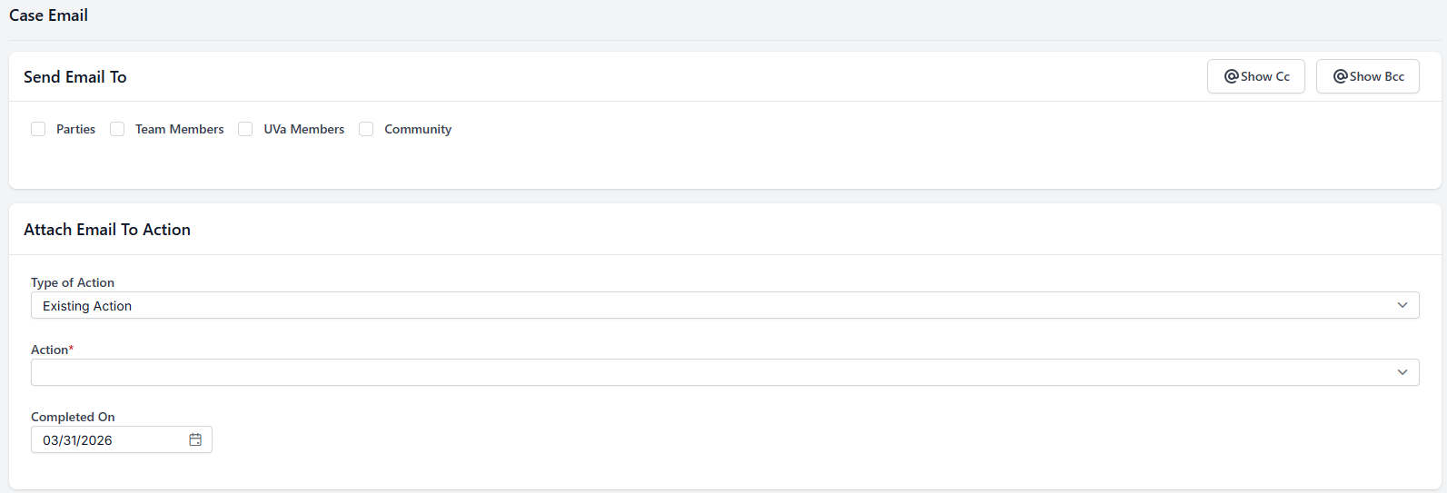 Case Email form showing recipient options and Attach Email To Action section